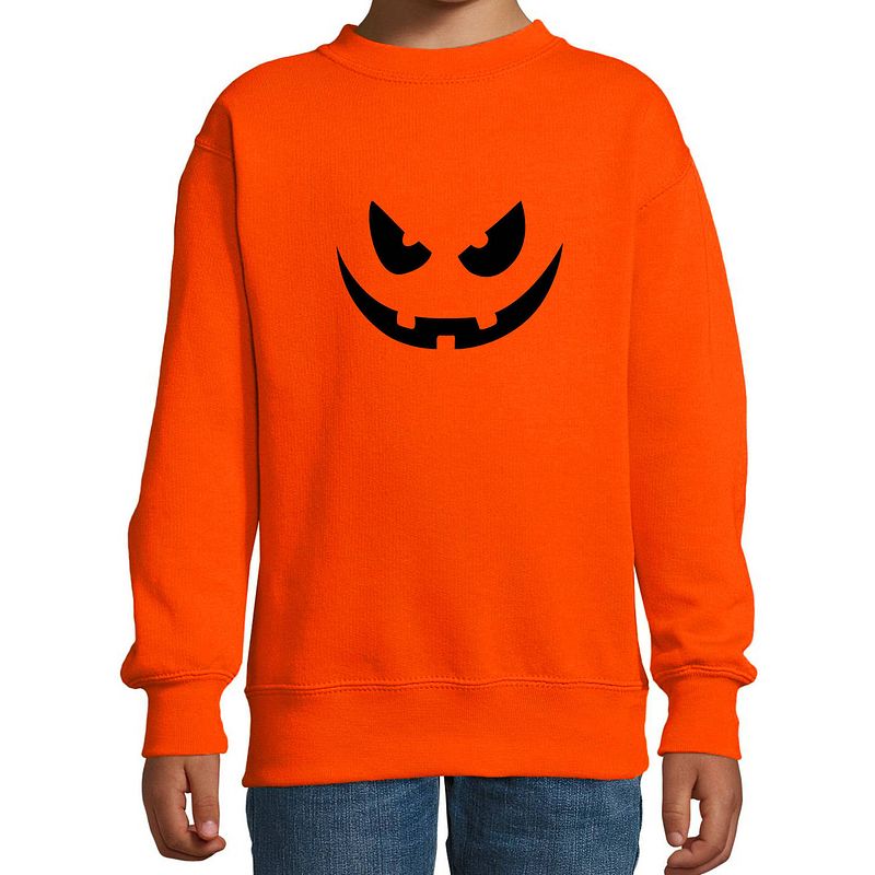 Foto van Halloween pompoen gezicht horror trui oranje voor kinderen - verkleed sweater / kostuum 7-8 jaar (122/128) - feesttruien