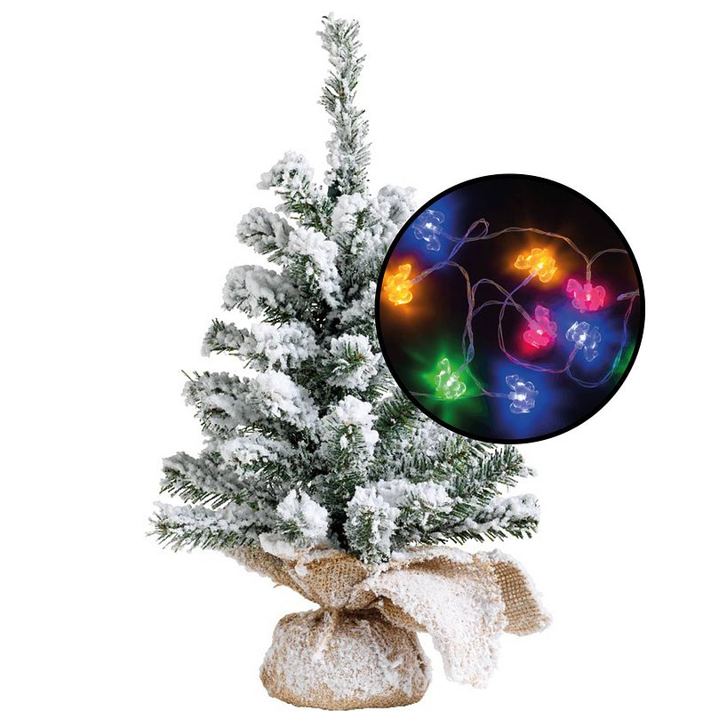 Foto van Mini kerstboom - besneeuwd - met paarden thema verlichting - h45 cm - kunstkerstboom