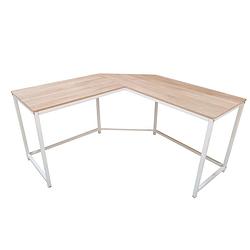 Foto van Hoekbureau stoer - l-vormige computertafel - industrieel vintage - wit metaal met bruin hout