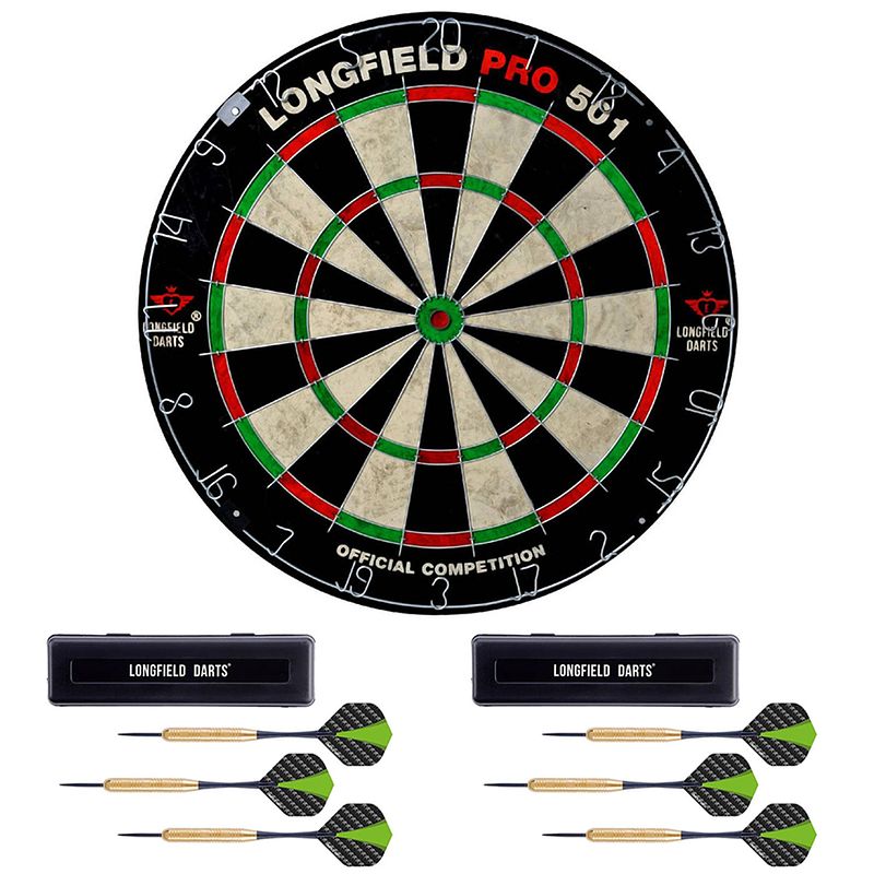 Foto van Dartbord longfield professional 45.5 cm met 6x goede kwaliteit dartpijltjes - dartborden