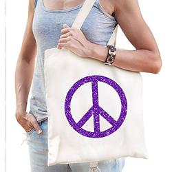 Foto van Toppers flower power katoenen tas met peace teken wit met paarse glitters voor volwassenen - verkleedtassen