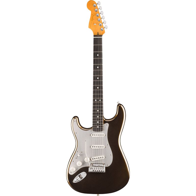 Foto van Fender american ultra ii stratocaster left-hand eb texas tea linkshandige elektrische gitaar met koffer