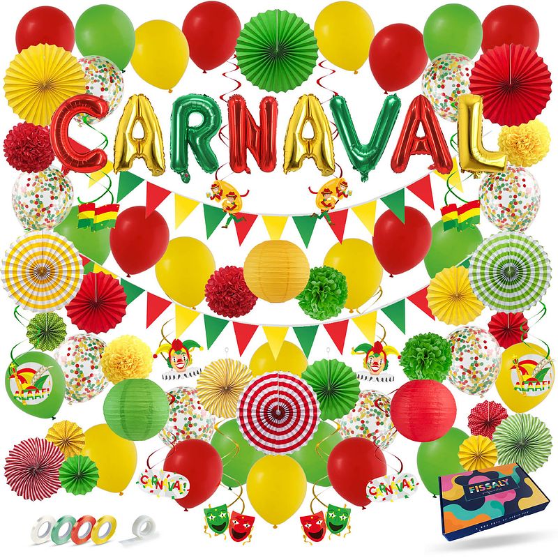 Foto van Fissaly® 86 stuks carnaval versiering decoratie rood, geel & groen - feestpakket incl. ballonnen, slingers & accessoires