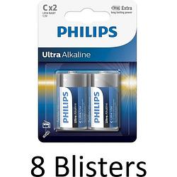 Foto van 16 stuks (8 blisters a 2 st) philips ultra alkalline c batterijen