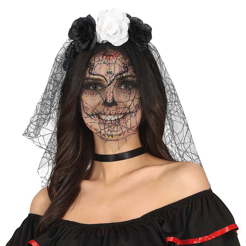 Foto van Halloween thema diadeem met bloemen en sluier - one size - zwart/wit - meisjes/dames - verkleedhoofddeksels