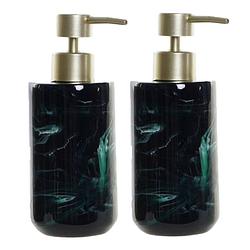 Foto van 2x stuks zeeppompjes/zeepdispensers marmer look donkergroen kunststof 300 ml - zeeppompjes