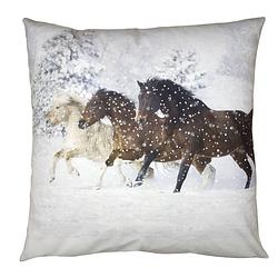 Foto van Clayre & eef kussenhoes 45x45 cm wit bruin polyester paarden sierkussenhoes wit sierkussenhoes