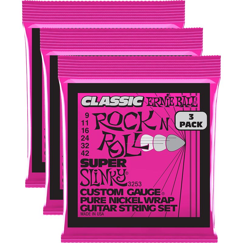 Foto van Ernie ball 3253 super slinky classic rock 'n roll 9-42 snaren voor elektrische gitaar (3 sets)