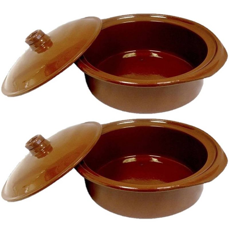 Foto van Set van 2x stuks tapas terracotta ovenschalen/stoofpotten cocotte met deksel 28 cm - braadpannen