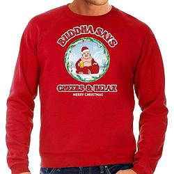 Foto van Bellatio decorations foute kersttrui/sweater heren - buddha says cheers & relax - rood - bier l - kerst truien