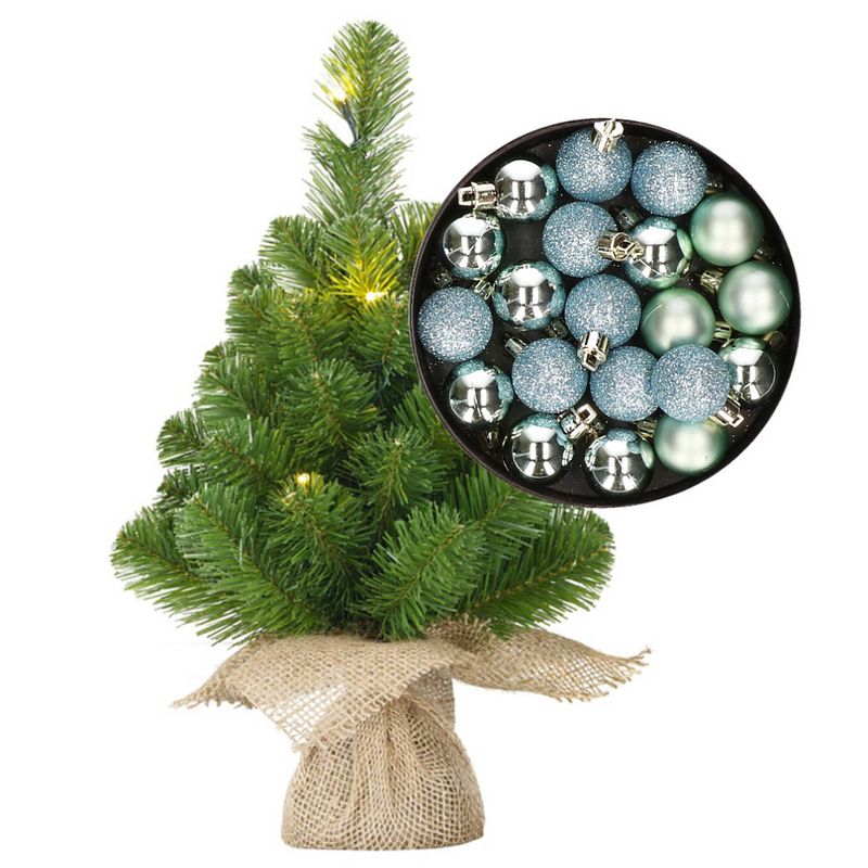 Foto van Mini kerstboom/kunstboom met verlichting 45 cm en inclusief kerstballen mintgroen - kunstkerstboom