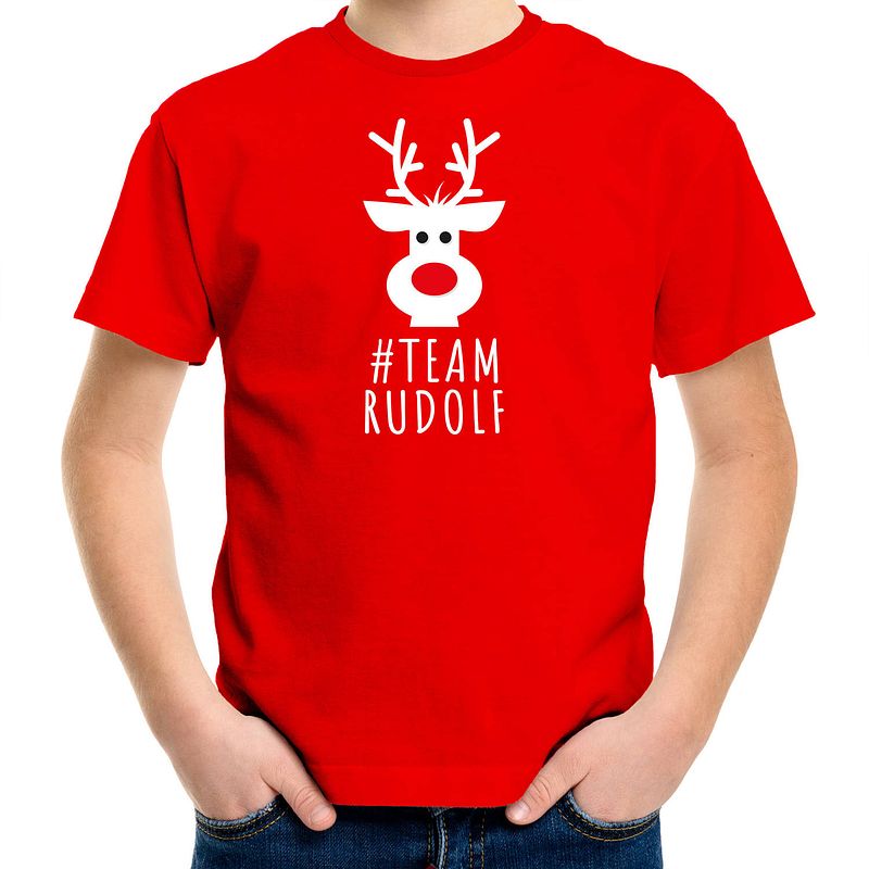 Foto van Bellatio decorations kerst t-shirt voor kinderen - team rudolf - rood xl (164-176) - kerst t-shirts kind