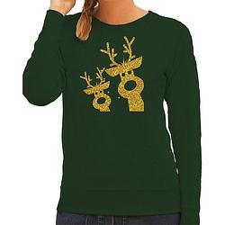 Foto van Bellatio decorations foute kersttrui/sweater voor dames - gouden rendieren - groen - glitter goud 2xl - kerst truien