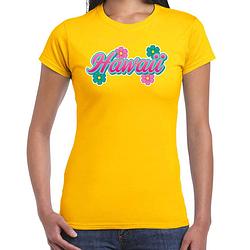 Foto van Hawaii zomer t-shirt geel met bloemen voor dames xl - feestshirts