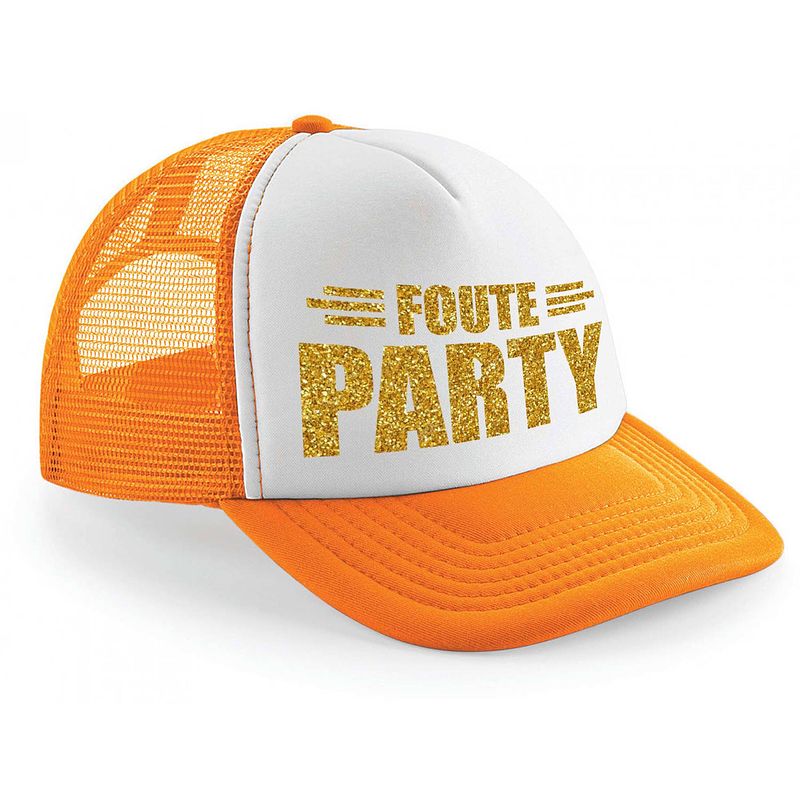 Foto van Foute party gouden letters snapback cap/ truckers petje oranje voor dames en heren - verkleedhoofddeksels