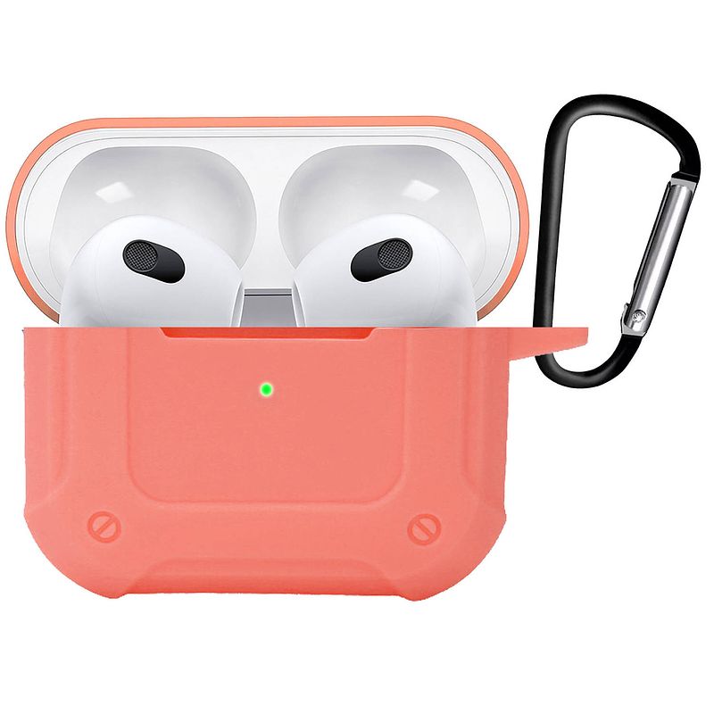 Foto van Basey hoes geschikt voor airpods 3 hoesje shock case met karabijnhaak - airpods 3 case shock hoes cover - zalm