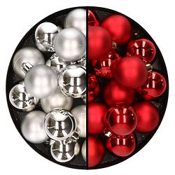Foto van 32x stuks kunststof kerstballen mix van zilver en rood 4 cm - kerstbal