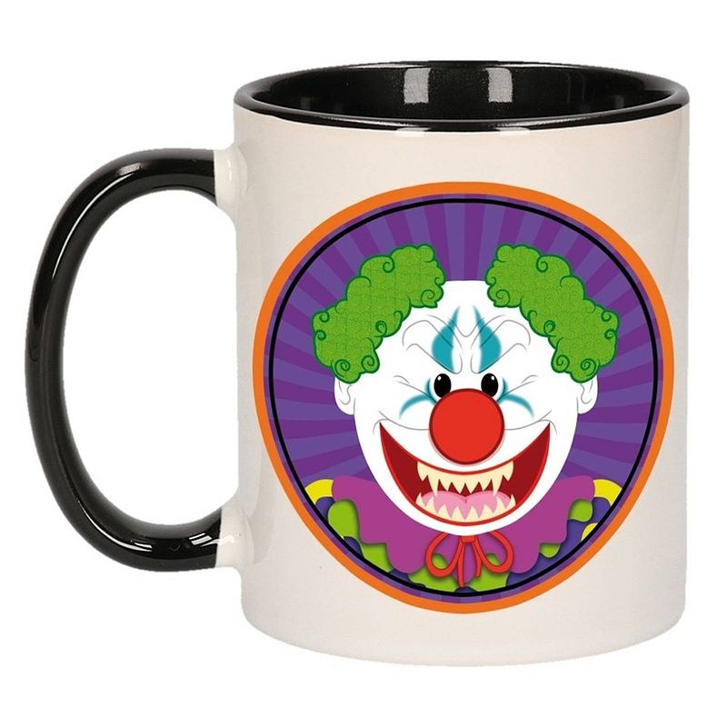 Foto van Enge horrorclown beker / mok - zwart / wit - 300 ml - halloween terror clown beker