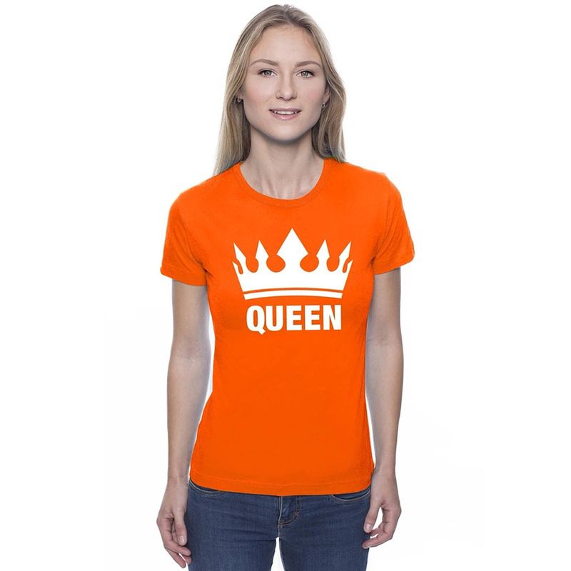 Foto van Oranje koningsdag queen shirt met kroon dames - oranje koningsdag kleding xs