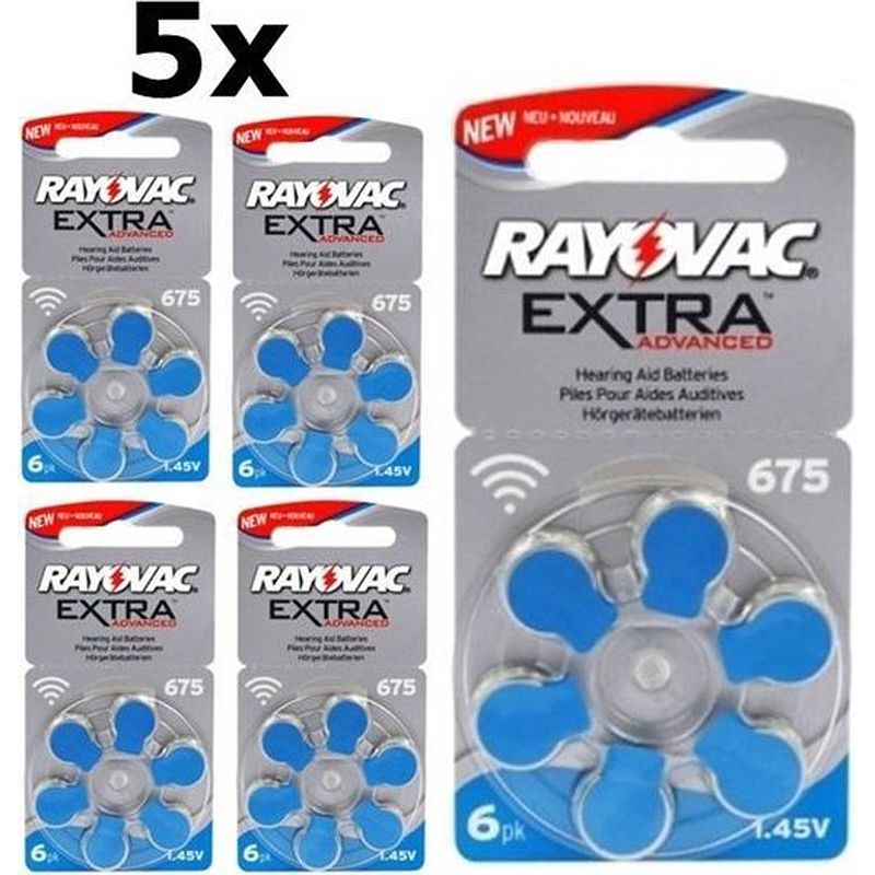 Foto van 30 stuks (5 blisters a 6st) - rayovac 675 extra advanced gehoorapparaat batterijen