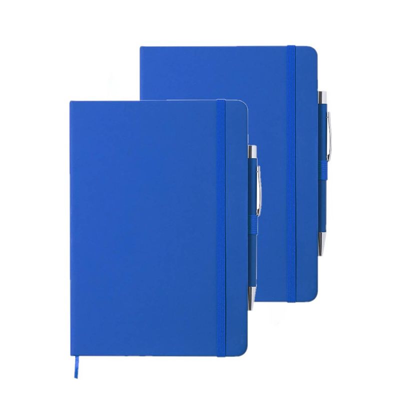 Foto van Set van 2x stuks luxe notitieboekje gelinieerd blauw met elastiek en pen a5 formaat - notitieboek