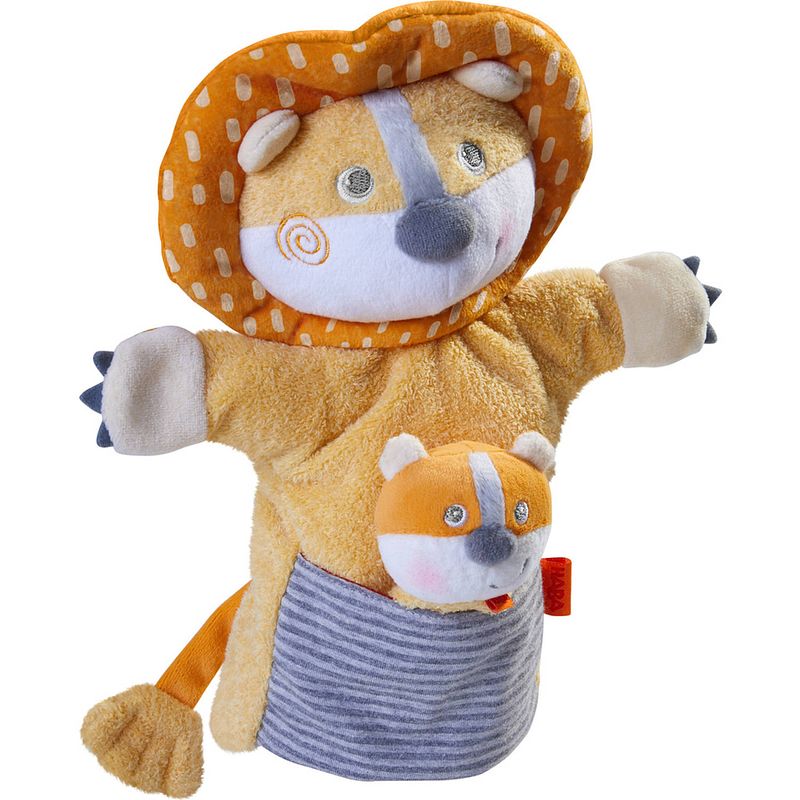 Foto van Haba handpop leeuw met baby junior 30 x 22 cm polyester oranje