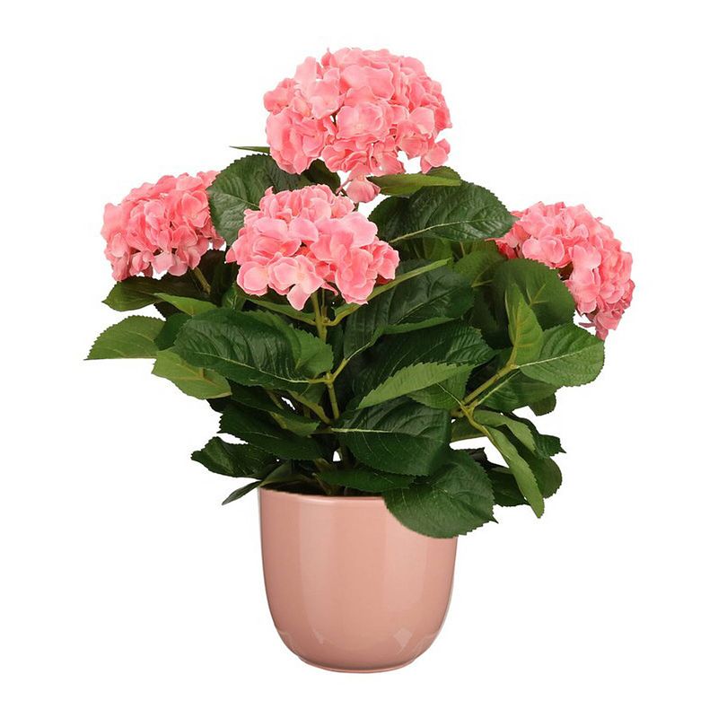 Foto van Hortensia kunstplant/kunstbloemen 45 cm - roze - in pot roze glans - kunstplanten