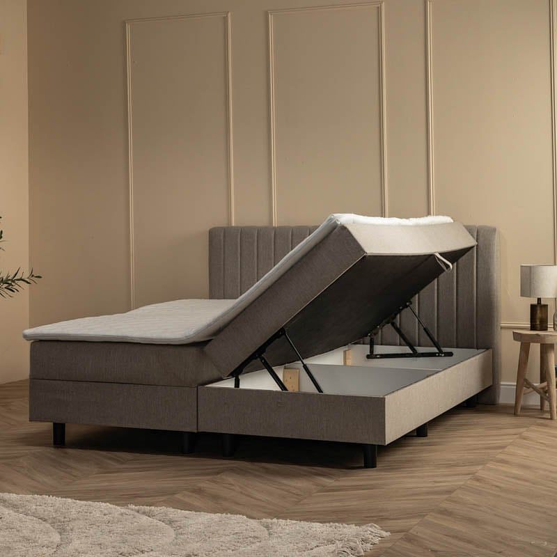 Foto van 2-persoons boxspring met opbergruimte beam - beige 180x210 cm - pocketvering - inclusief topper - dekbed-discounter.nl