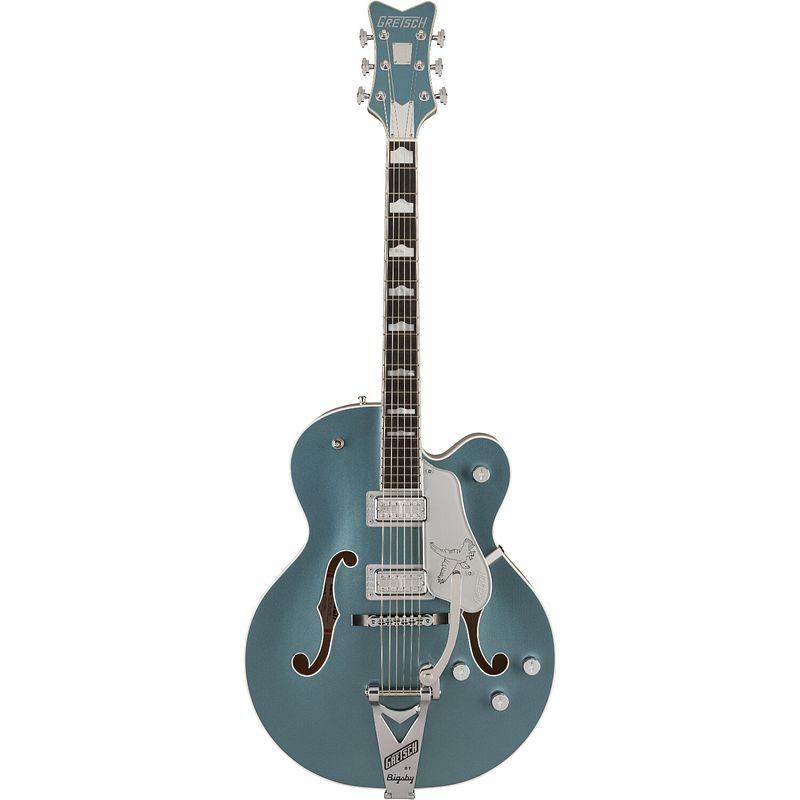 Foto van Gretsch g6136t-140 ltd 140th double platinum falcon string-thru bigsby eb two-tone stone platinum pure platinum