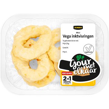 Foto van Jumbo gourmet elkaar mini vega inktvisringen 110g aanbieding bij jumbo | 3 schalen