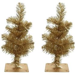 Foto van 2x stuks gouden kunst kerstbomen/kunstbomen 35 cm met metalen voet - kunstkerstboom