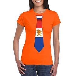 Foto van Oranje t-shirt met hollandse vlag stropdas dames - oranje koningsdag/ holland supporter kleding 2xl