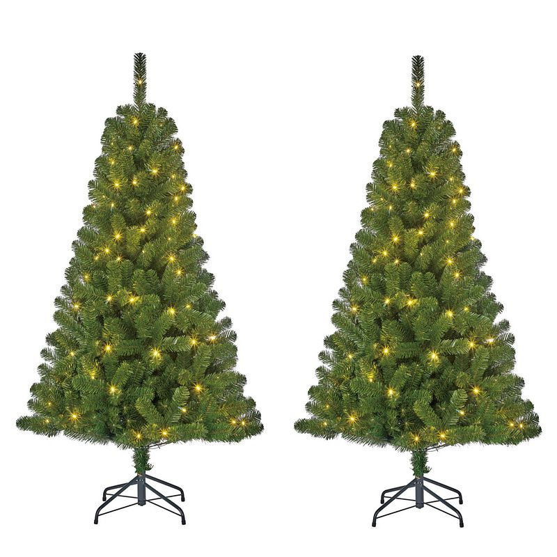 Foto van Set van 2x stuks groene led verlichte kerstbomen/kunstbomen 120 cm - kunstkerstboom