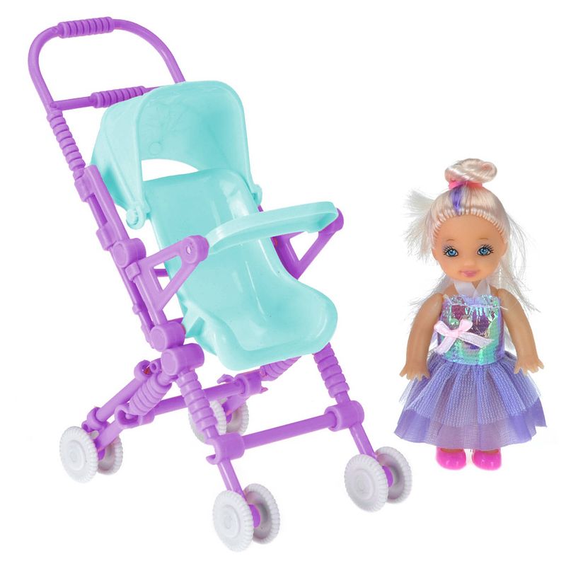 Foto van Free and easy pop met poppenwagen 10 cm lichtblauw/paars