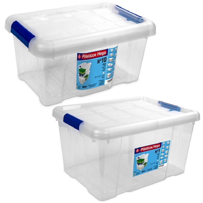 Foto van 4x opbergboxen/opbergdozen met deksel 5 en 16 liter kunststof transparant/blauw - opbergbox