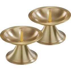 Foto van 2x ronde metalen stompkaarsenhouder goud voor kaarsen 7-8 cm doorsnede - kaarsenplateaus