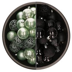 Foto van 74x stuks kunststof kerstballen mix van zwart en mintgroen 6 cm - kerstbal