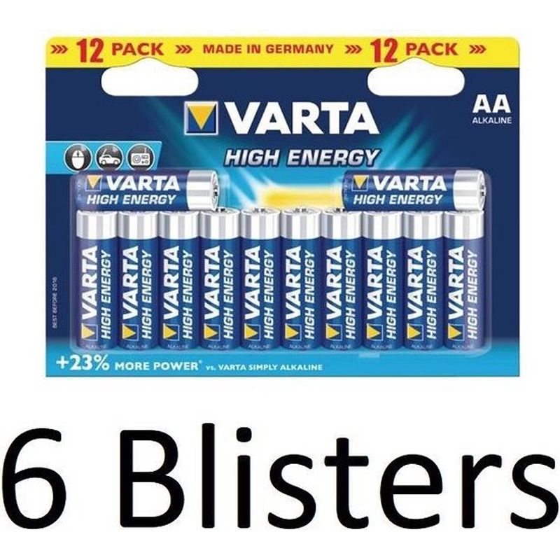 Foto van 72 stuks (6 blisters a 12 st) varta aa alkaline batterijen - 1.5 v high energy