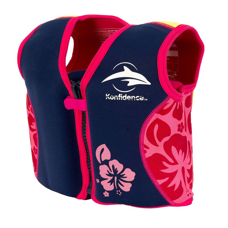 Foto van Konfidence zwemvest junior neopreen navy/hibiscus maat 6-7 jaar