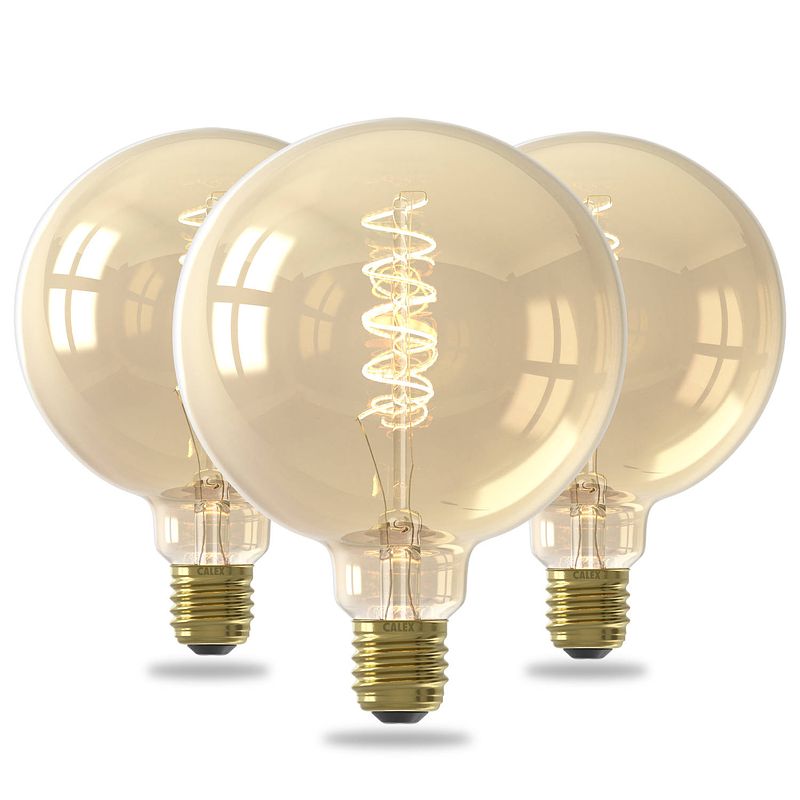 Foto van Calex spiraal filament g125 led lamp - 3 stuks - goud - e27 - 3.8w - dimbaar