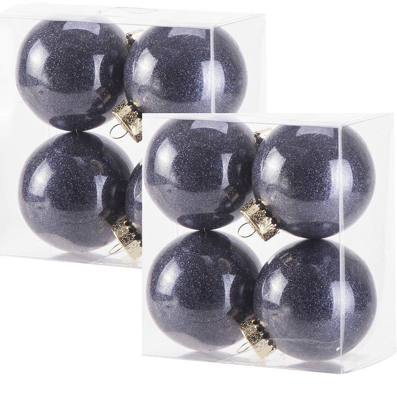 Foto van 8x stuks kunststof kerstballen met glitter afwerking donkerblauw 8 cm - kerstbal