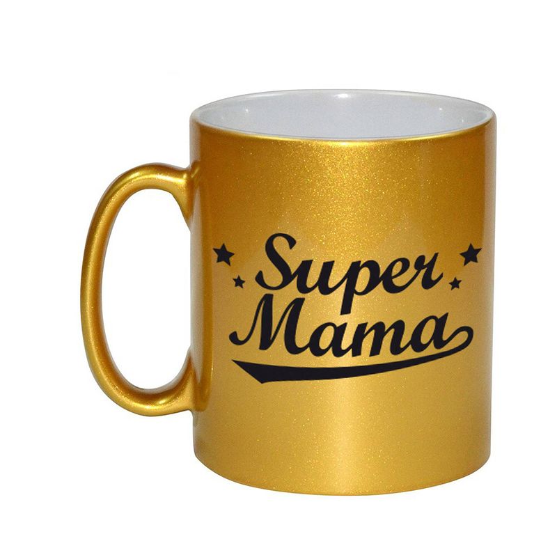 Foto van Super mama gouden mok / beker voor moederdag 330 ml - feest mokken