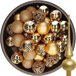 Foto van 37x stuks kunststof kerstballen 6 cm incl. glazen piek mat goud - kerstbal