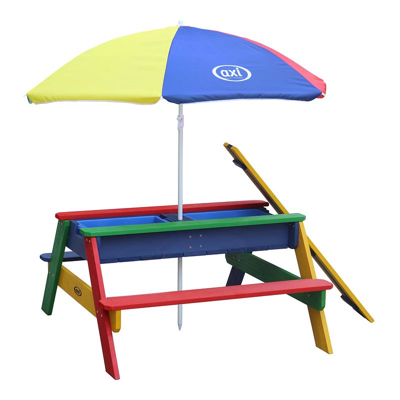 Foto van Axi nick picknicktafel / zandtafel / watertafel voor kinderen in regenboog kleuren met parasol multifunctionele