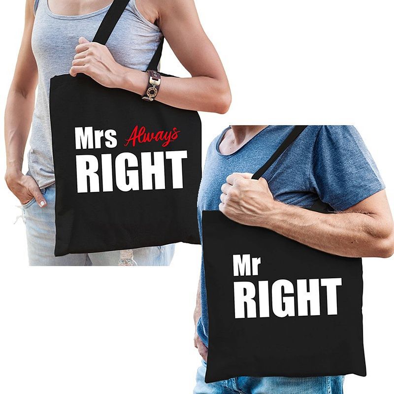 Foto van Katoenen tassen zwart mrs always right en mr right volwassenen - feest boodschappentassen