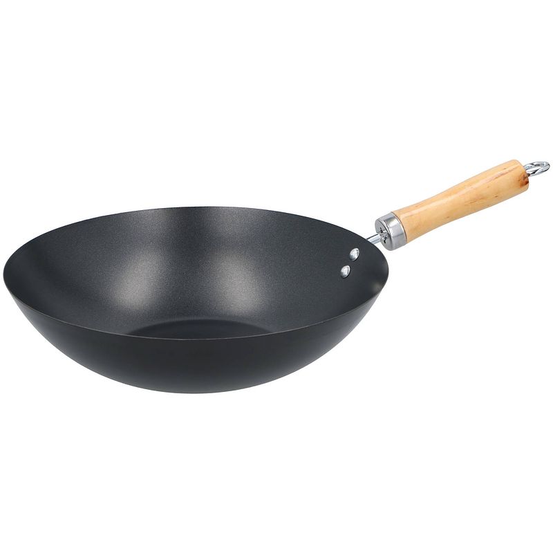 Foto van Alpina wokpan ?30cm - met anti-aanbaklaag - rvs pan met houten handvat - niet geschikt voor inductie - zwart