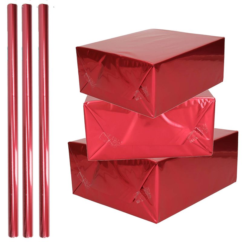 Foto van 3x rollen inpakpapier / cadeaufolie metallic rood 200 x 70 cm - kadofolie / cadeaupapier