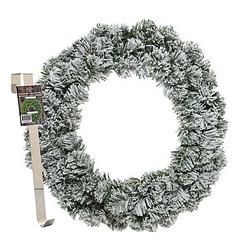 Foto van Kerstkrans 40 cm - groen - besneeuwd - met messing hanger/ophanghaak - kerstkransen