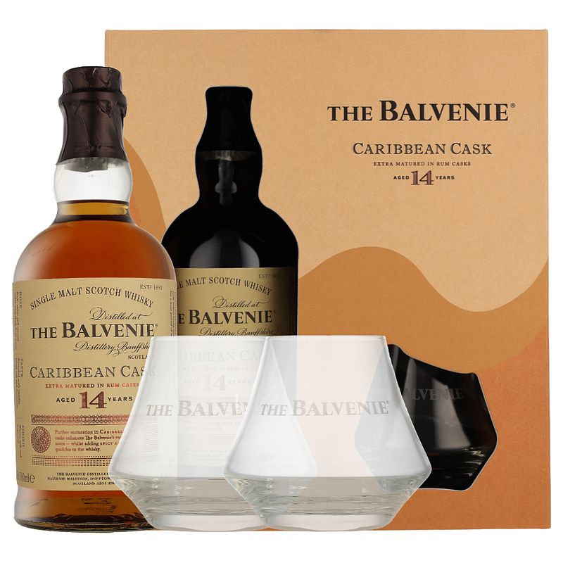 Foto van Balvenie 14 years caribbean cask + 2 glazen 70cl whisky