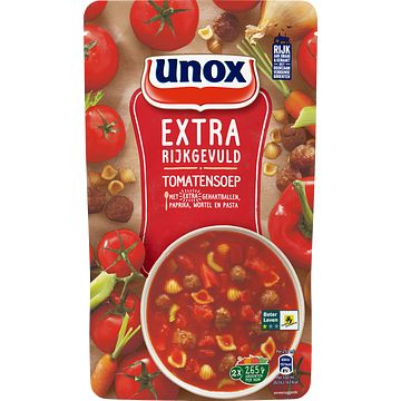 Foto van 2 zakken soep a 570 ml, pakken cupasoup a 3 stuks of single verpakkingen noodles of pasta | unox extra rijkgevuld soep in zak tomatensoep 570ml aanbieding bij jumbo